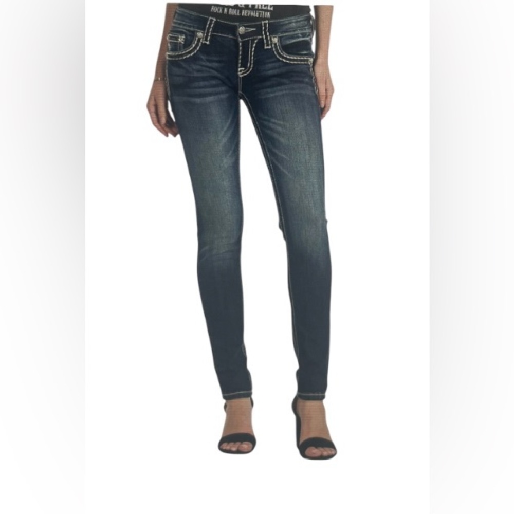 MISS ME Saddle Stitch Hailey Skinny Dark Wash Embellished Flap Pocket Jean 30